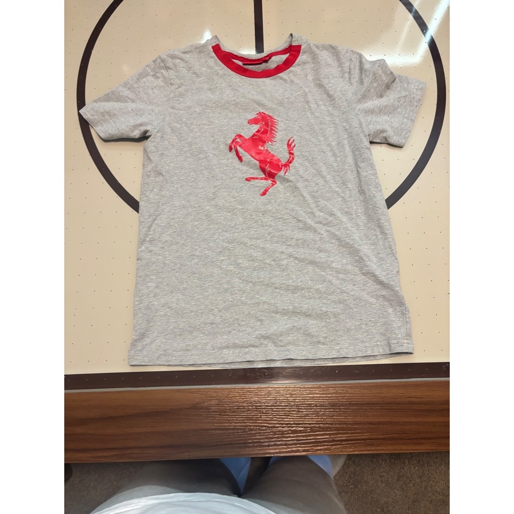 720 Ferrari Boys Gray Ringer  Red Prancing Horse Logo Short Sleeve Tee Size M